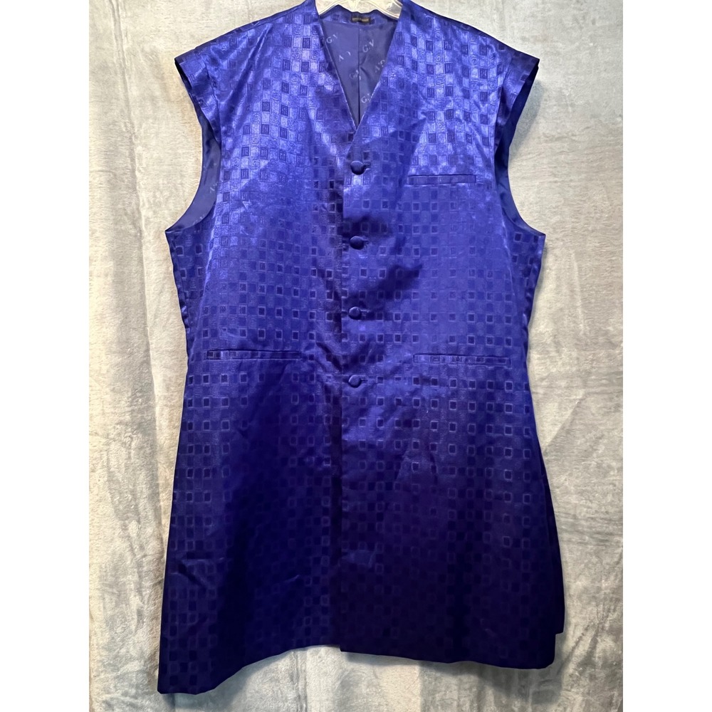 Vintage G.V. Men's Blue Satin Vest‎ Made 2x Korea Geometric Pattern Formalwear